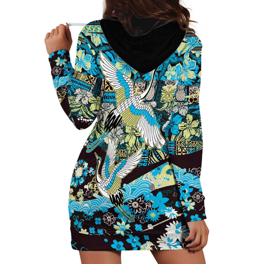 Japanese Hawaiian Crane Hoodie Dress Blue Tapa Patchwork Pattern LT9 - Polynesian Pride