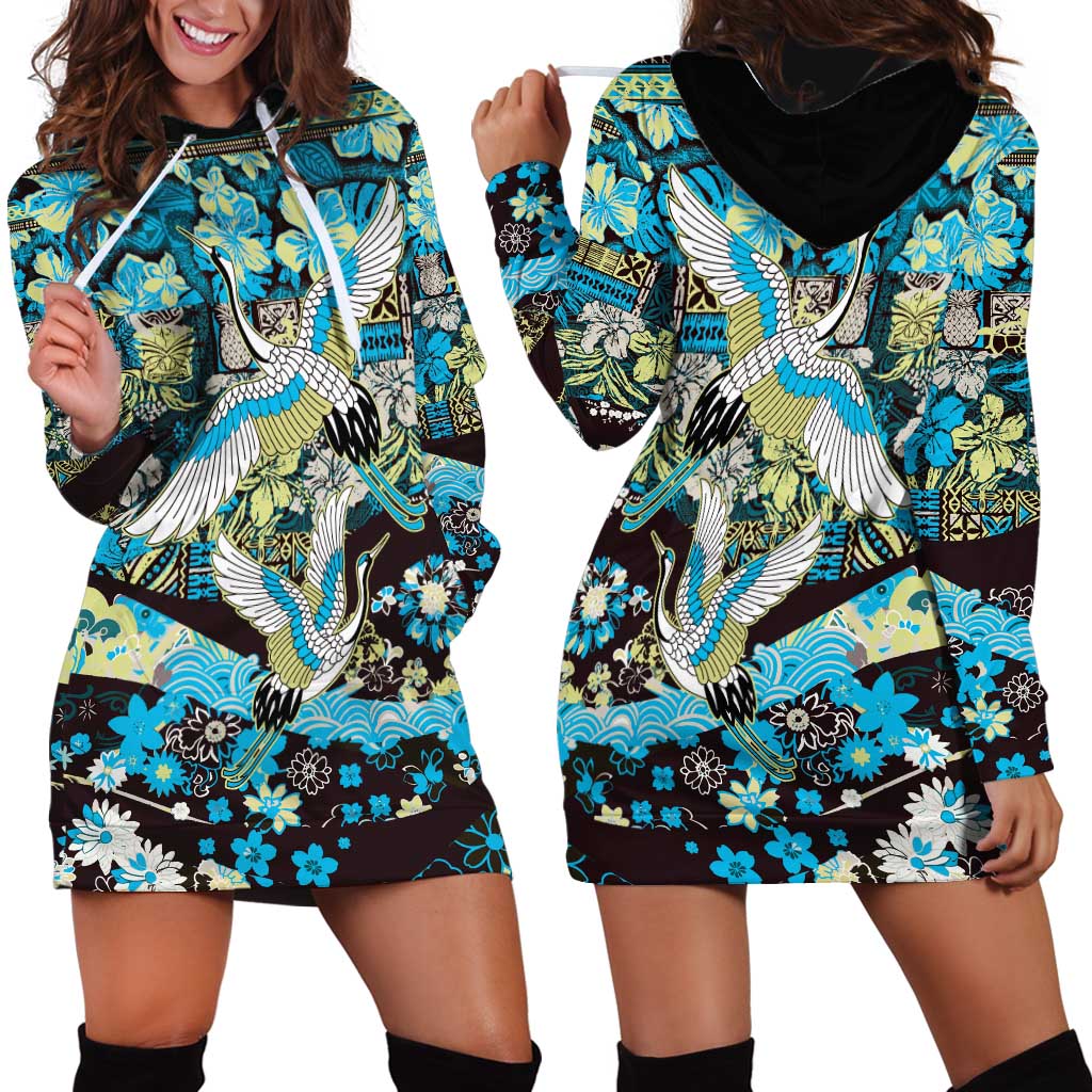 Japanese Hawaiian Crane Hoodie Dress Blue Tapa Patchwork Pattern LT9 - Polynesian Pride