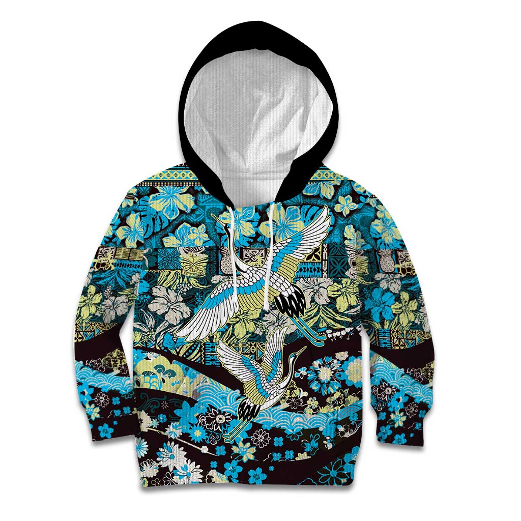 Japanese Hawaiian Crane Kid Hoodie Blue Tapa Patchwork Pattern LT9 Hoodie Blue - Polynesian Pride