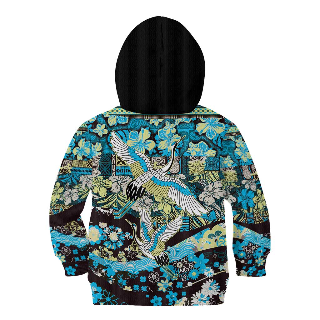 Japanese Hawaiian Crane Kid Hoodie Blue Tapa Patchwork Pattern LT9 - Polynesian Pride