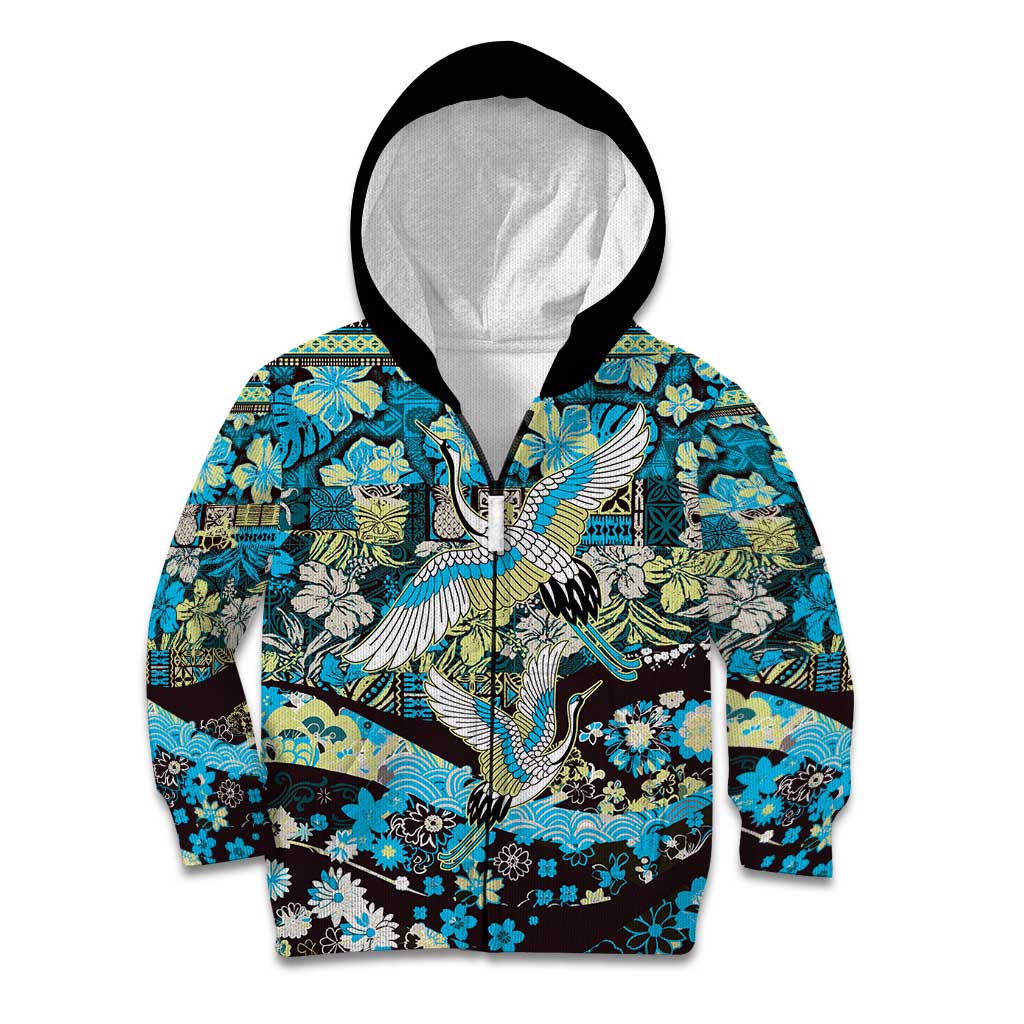 Japanese Hawaiian Crane Kid Hoodie Blue Tapa Patchwork Pattern LT9 Zip Hoodie Blue - Polynesian Pride