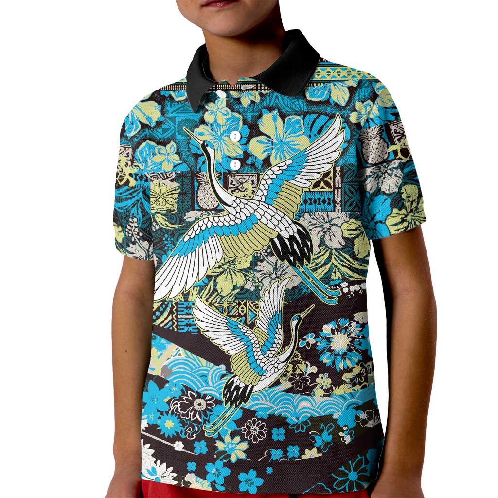 Japanese Hawaiian Crane Kid Polo Shirt Blue Tapa Patchwork Pattern LT9 Kid Blue - Polynesian Pride