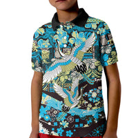 Japanese Hawaiian Crane Kid Polo Shirt Blue Tapa Patchwork Pattern LT9 Kid Blue - Polynesian Pride