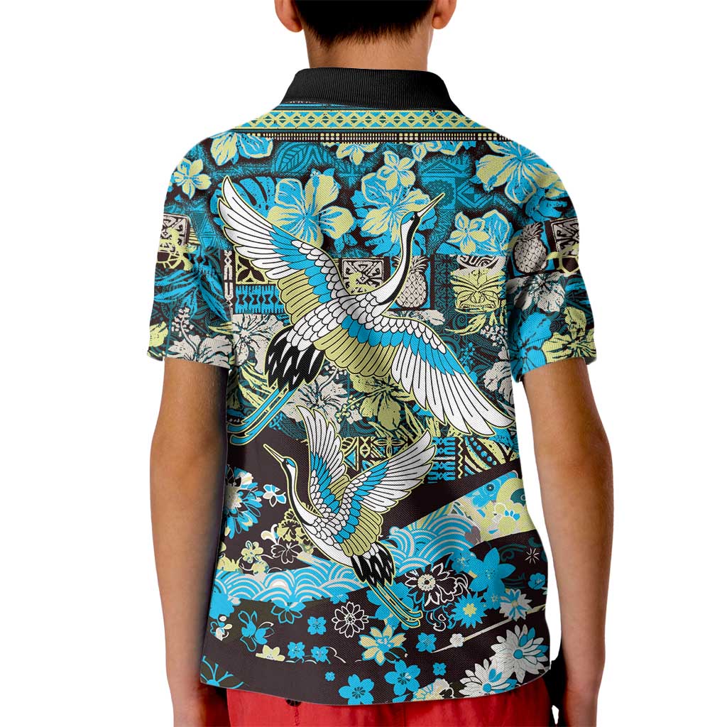Japanese Hawaiian Crane Kid Polo Shirt Blue Tapa Patchwork Pattern LT9 - Polynesian Pride