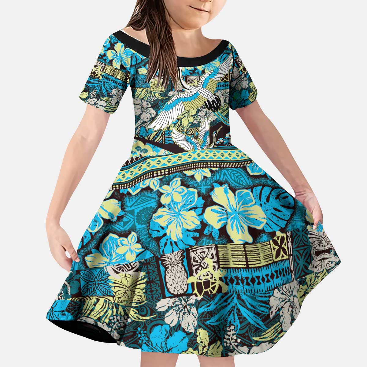 Japanese Hawaiian Crane Kid Short Sleeve Dress Blue Tapa Patchwork Pattern