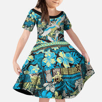 Japanese Hawaiian Crane Kid Short Sleeve Dress Blue Tapa Patchwork Pattern