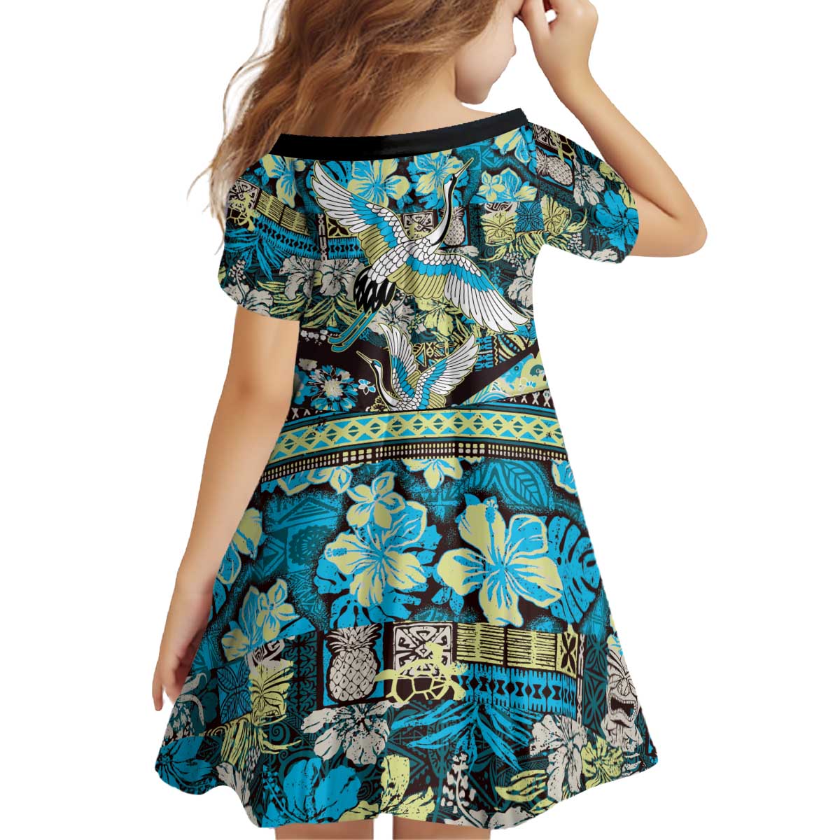 Japanese Hawaiian Crane Kid Short Sleeve Dress Blue Tapa Patchwork Pattern
