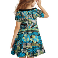 Japanese Hawaiian Crane Kid Short Sleeve Dress Blue Tapa Patchwork Pattern