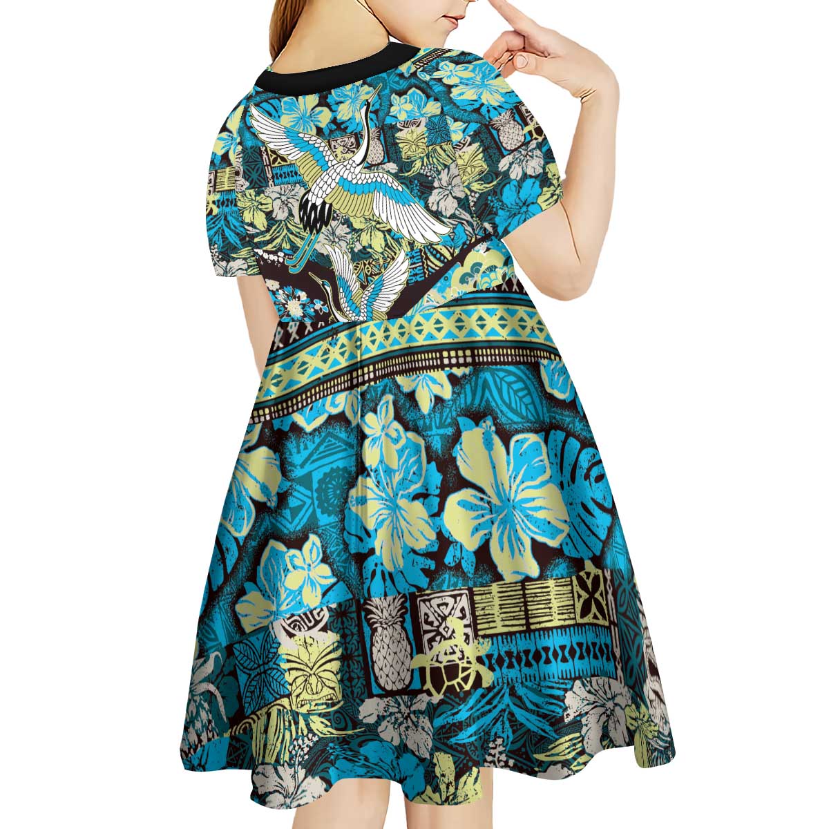 Japanese Hawaiian Crane Kid Short Sleeve Dress Blue Tapa Patchwork Pattern
