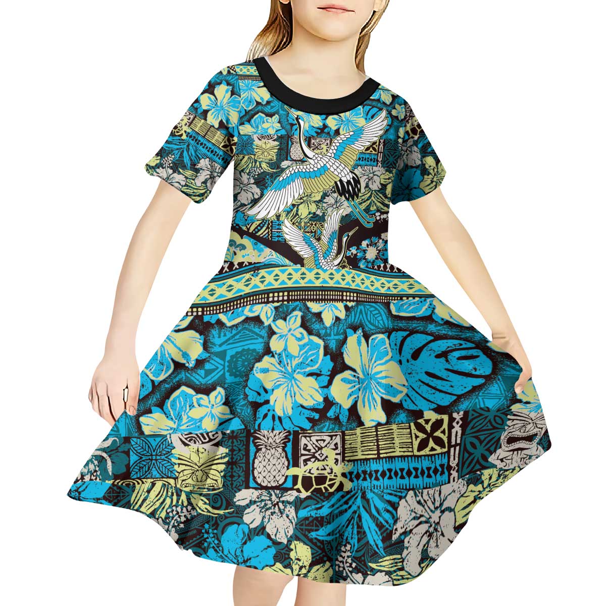 Japanese Hawaiian Crane Kid Short Sleeve Dress Blue Tapa Patchwork Pattern