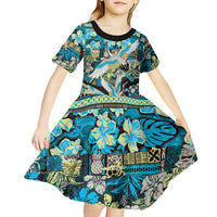Japanese Hawaiian Crane Kid Short Sleeve Dress Blue Tapa Patchwork Pattern