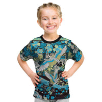 Japanese Hawaiian Crane Kid T Shirt Blue Tapa Patchwork Pattern