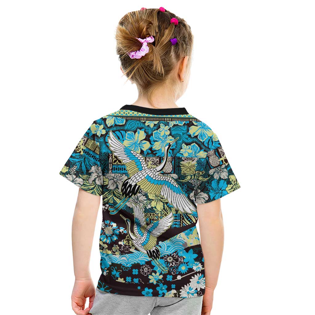 Japanese Hawaiian Crane Kid T Shirt Blue Tapa Patchwork Pattern