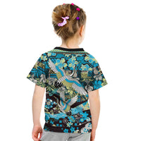 Japanese Hawaiian Crane Kid T Shirt Blue Tapa Patchwork Pattern