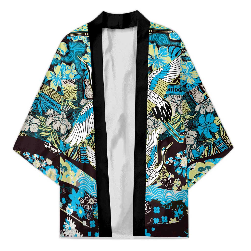 Japanese Hawaiian Crane Kimono Blue Tapa Patchwork Pattern
