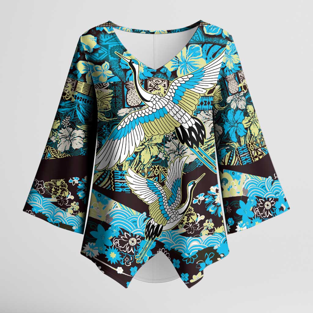 Japanese Hawaiian Crane Kimono Sleeve Blouse Blue Tapa Patchwork Pattern LT9 Female Blue - Polynesian Pride