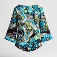 Japanese Hawaiian Crane Kimono Sleeve Blouse Blue Tapa Patchwork Pattern LT9 - Polynesian Pride