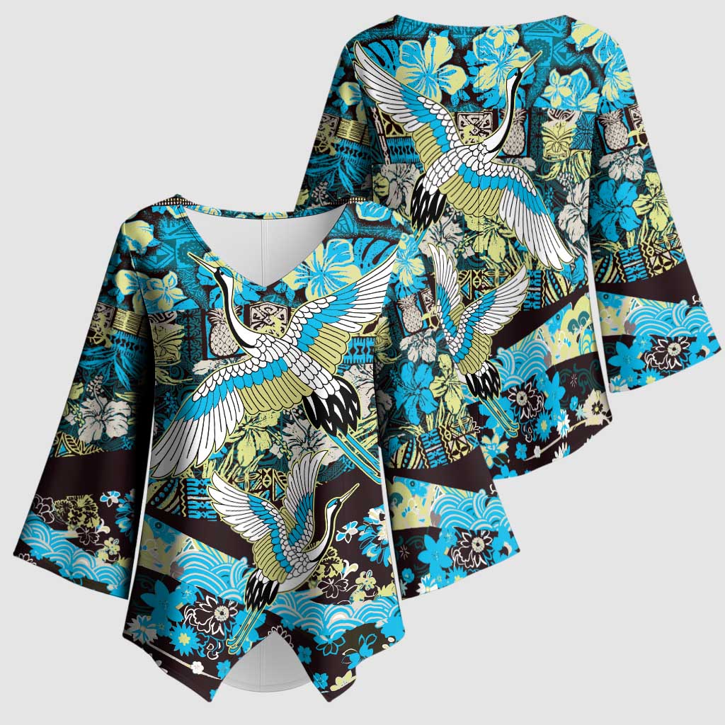 Japanese Hawaiian Crane Kimono Sleeve Blouse Blue Tapa Patchwork Pattern LT9 - Polynesian Pride