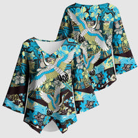 Japanese Hawaiian Crane Kimono Sleeve Blouse Blue Tapa Patchwork Pattern LT9 - Polynesian Pride