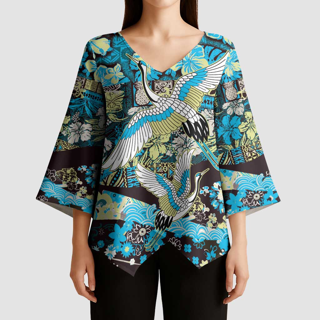 Japanese Hawaiian Crane Kimono Sleeve Blouse Blue Tapa Patchwork Pattern LT9 - Polynesian Pride