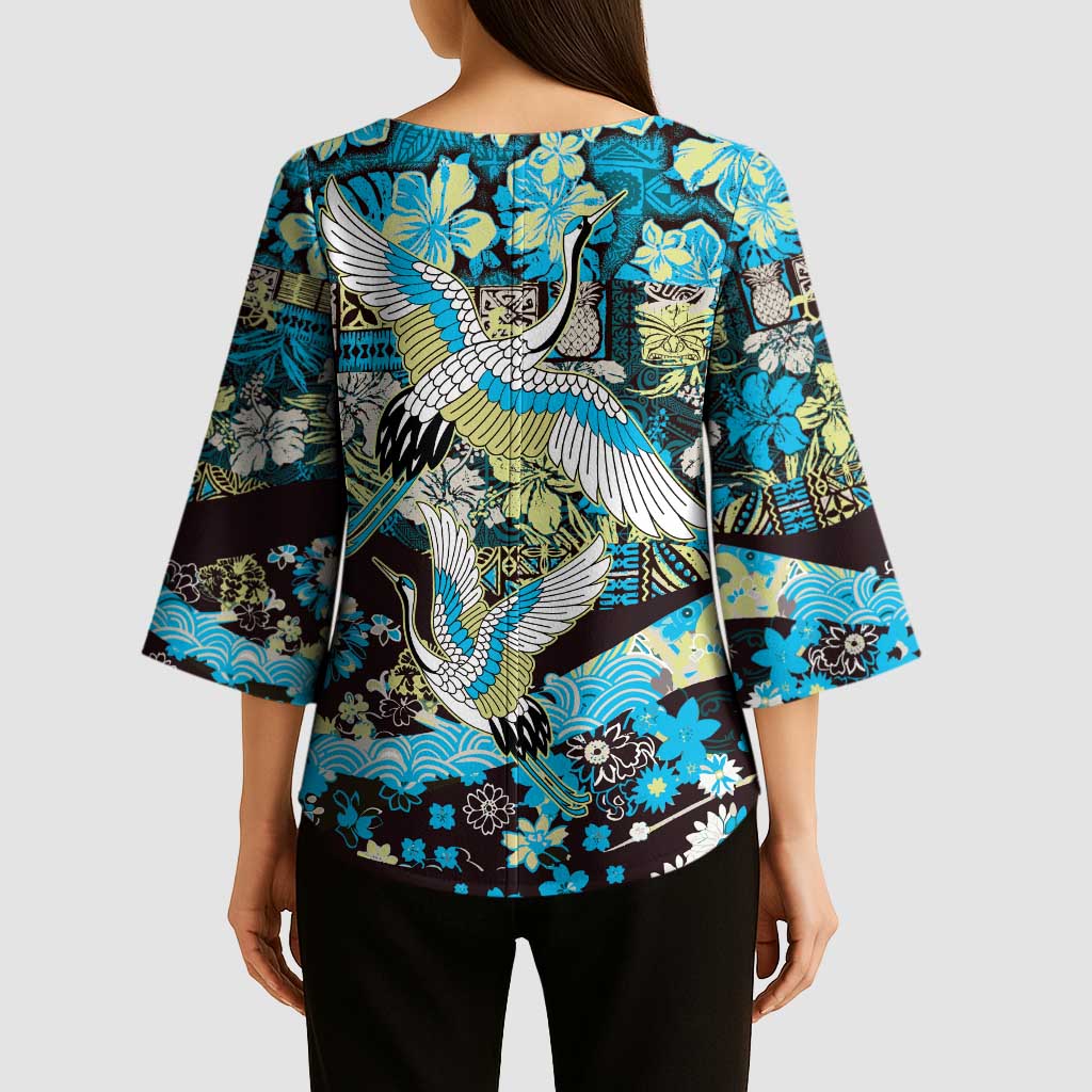 Japanese Hawaiian Crane Kimono Sleeve Blouse Blue Tapa Patchwork Pattern LT9 - Polynesian Pride