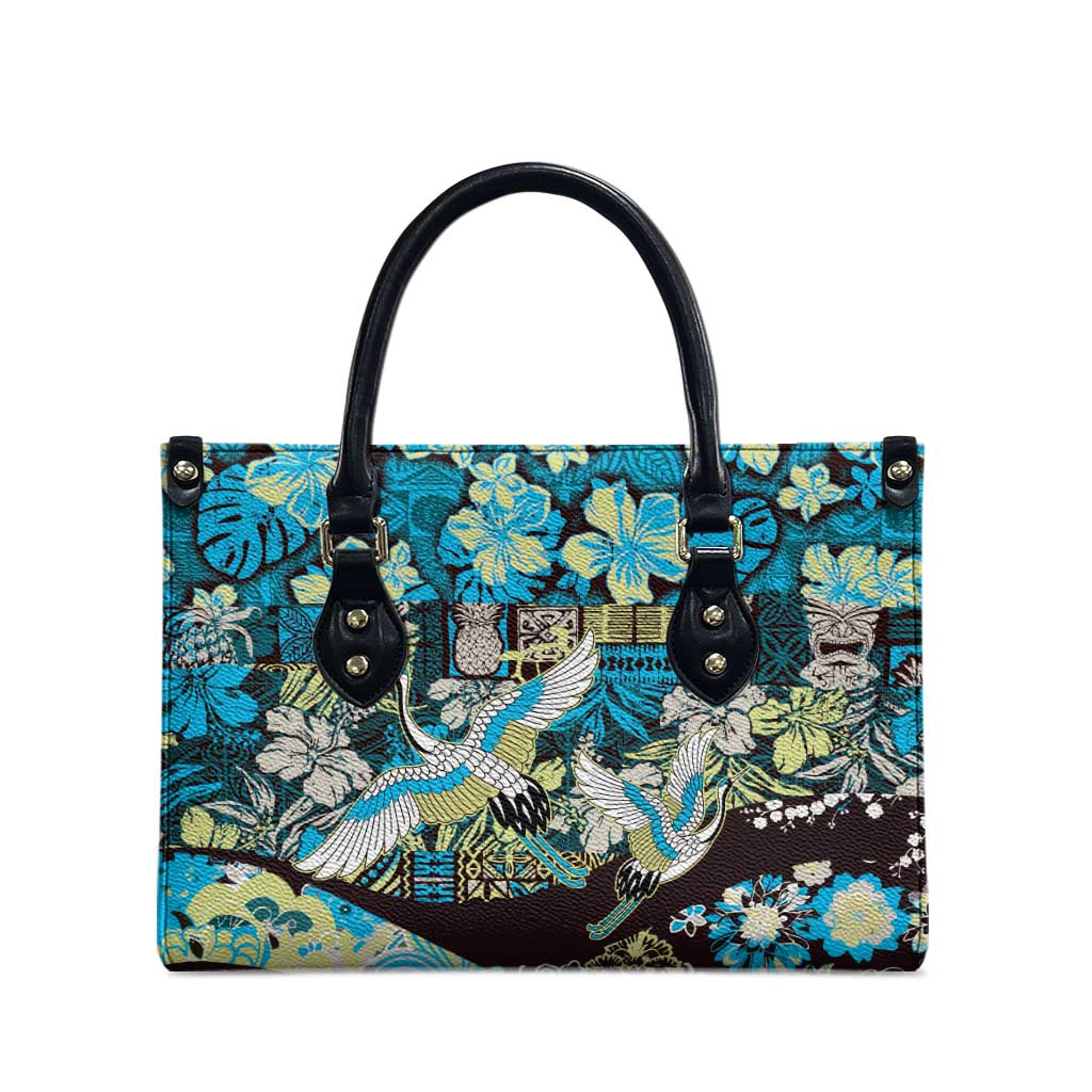 Japanese Hawaiian Crane Leather Bag Blue Tapa Patchwork Pattern LT9 - Polynesian Pride