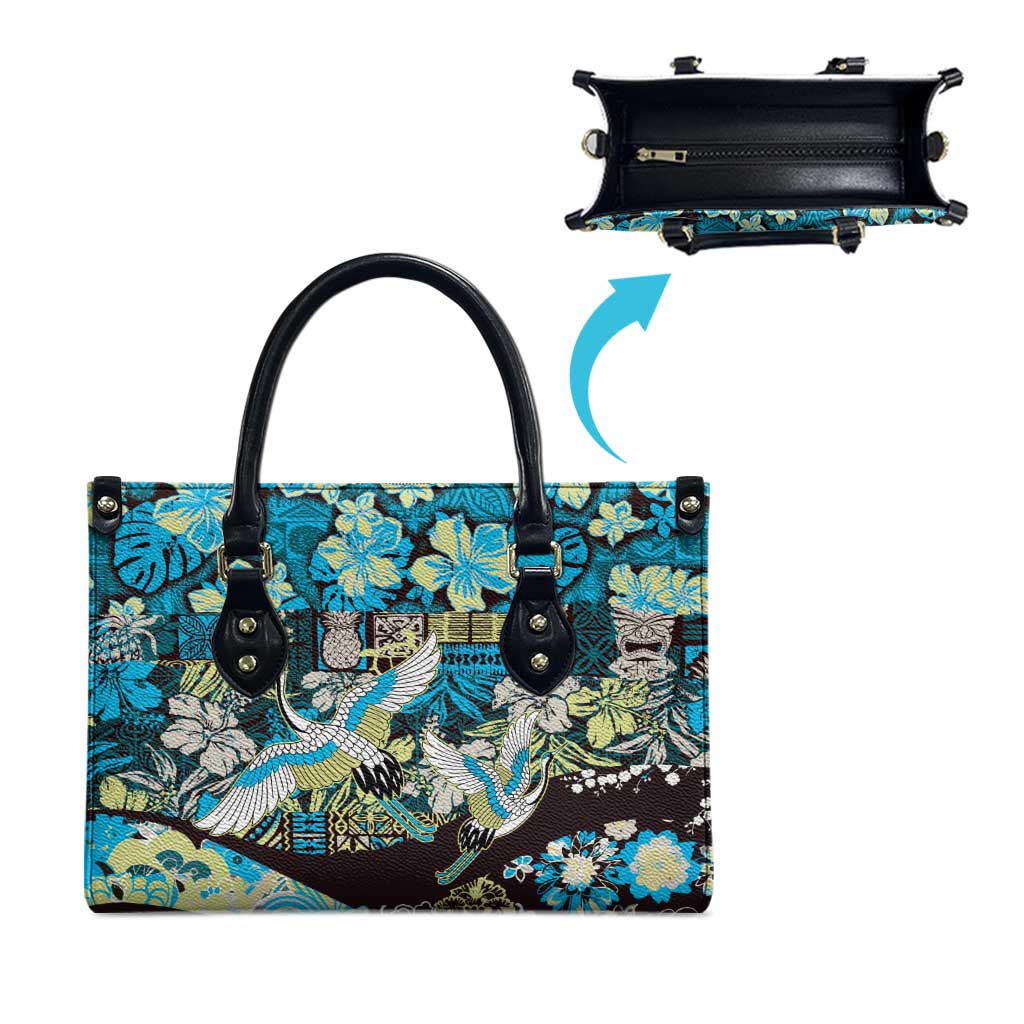 Japanese Hawaiian Crane Leather Bag Blue Tapa Patchwork Pattern LT9 - Polynesian Pride