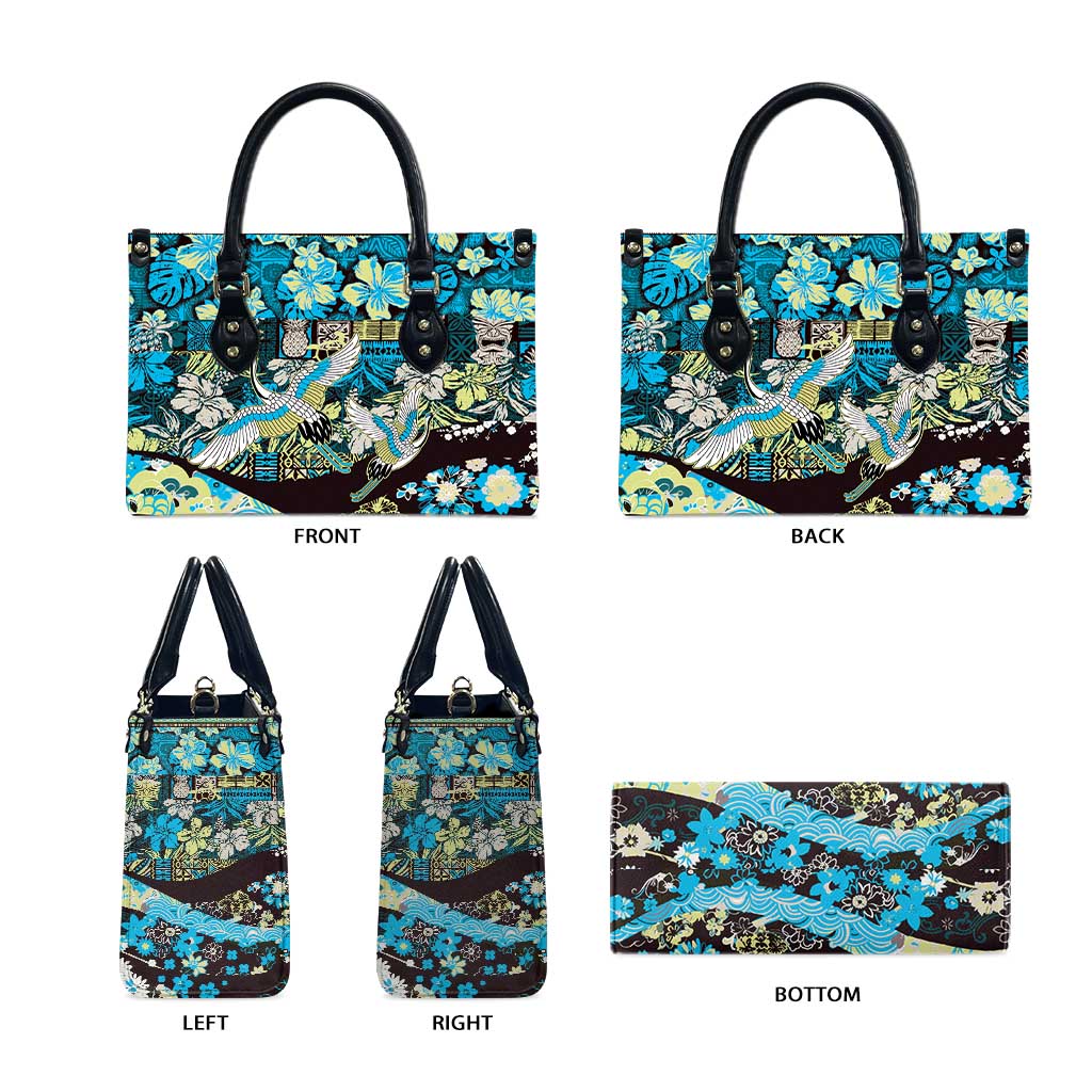 Japanese Hawaiian Crane Leather Bag Blue Tapa Patchwork Pattern LT9 - Polynesian Pride