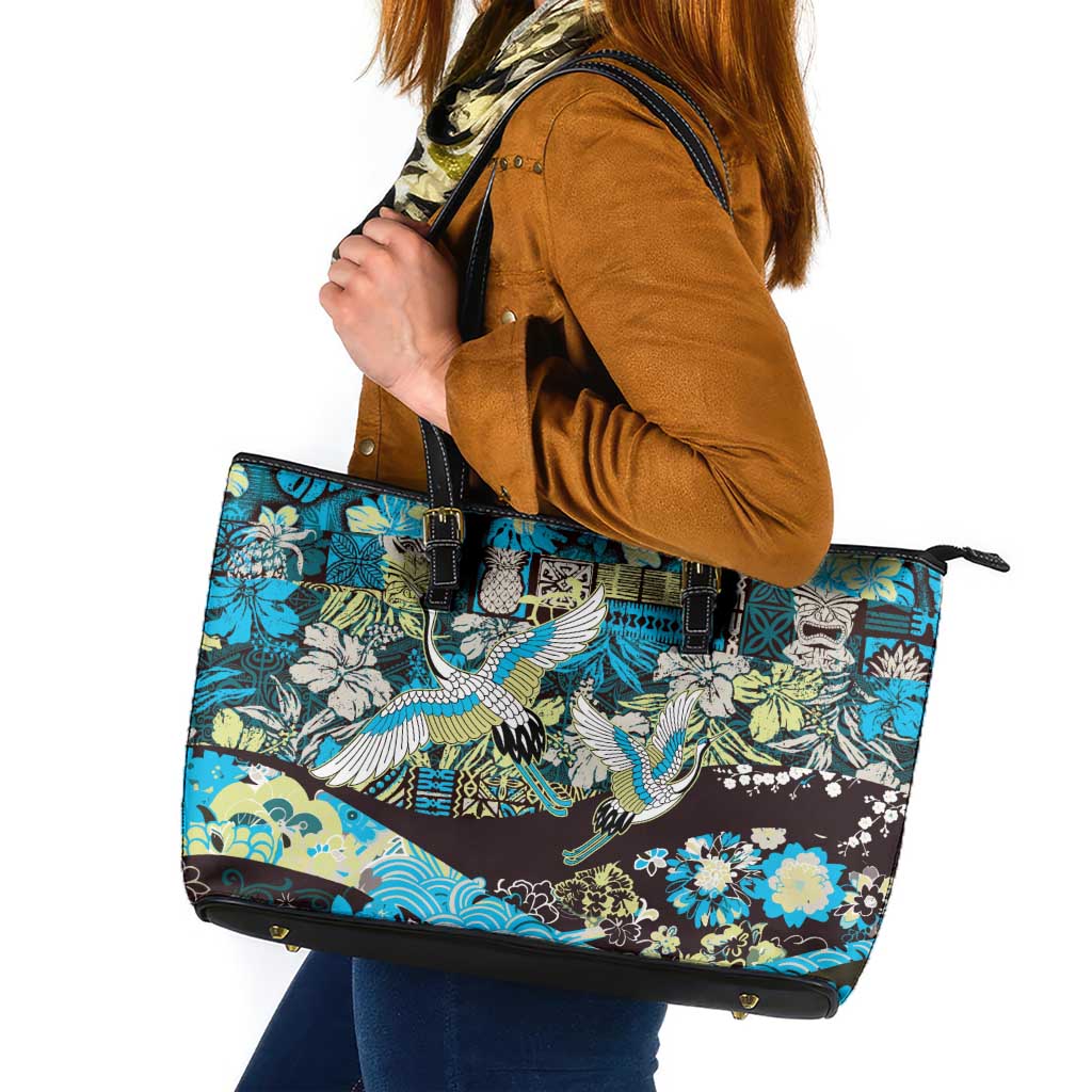 Japanese Hawaiian Crane Leather Tote Bag Blue Tapa Patchwork Pattern LT9 Blue - Polynesian Pride