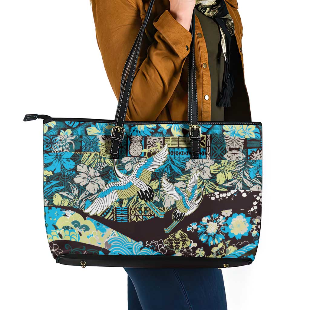 Japanese Hawaiian Crane Leather Tote Bag Blue Tapa Patchwork Pattern LT9 - Polynesian Pride
