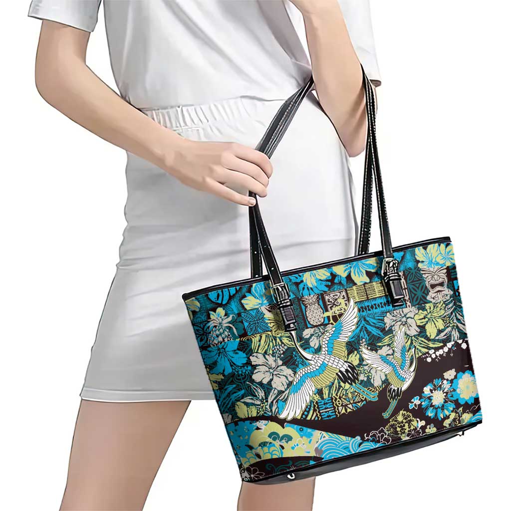Japanese Hawaiian Crane Leather Tote Bag Blue Tapa Patchwork Pattern LT9 - Polynesian Pride