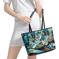 Japanese Hawaiian Crane Leather Tote Bag Blue Tapa Patchwork Pattern LT9 - Polynesian Pride