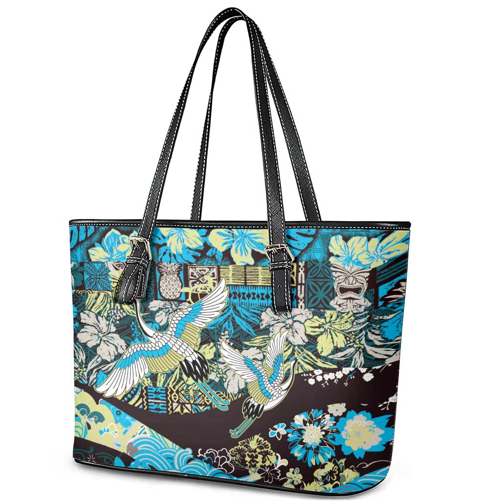 Japanese Hawaiian Crane Leather Tote Bag Blue Tapa Patchwork Pattern LT9 - Polynesian Pride