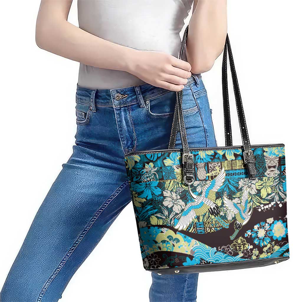 Japanese Hawaiian Crane Leather Tote Bag Blue Tapa Patchwork Pattern LT9 - Polynesian Pride