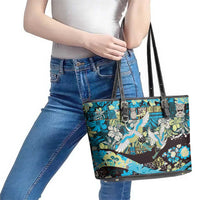 Japanese Hawaiian Crane Leather Tote Bag Blue Tapa Patchwork Pattern LT9 - Polynesian Pride