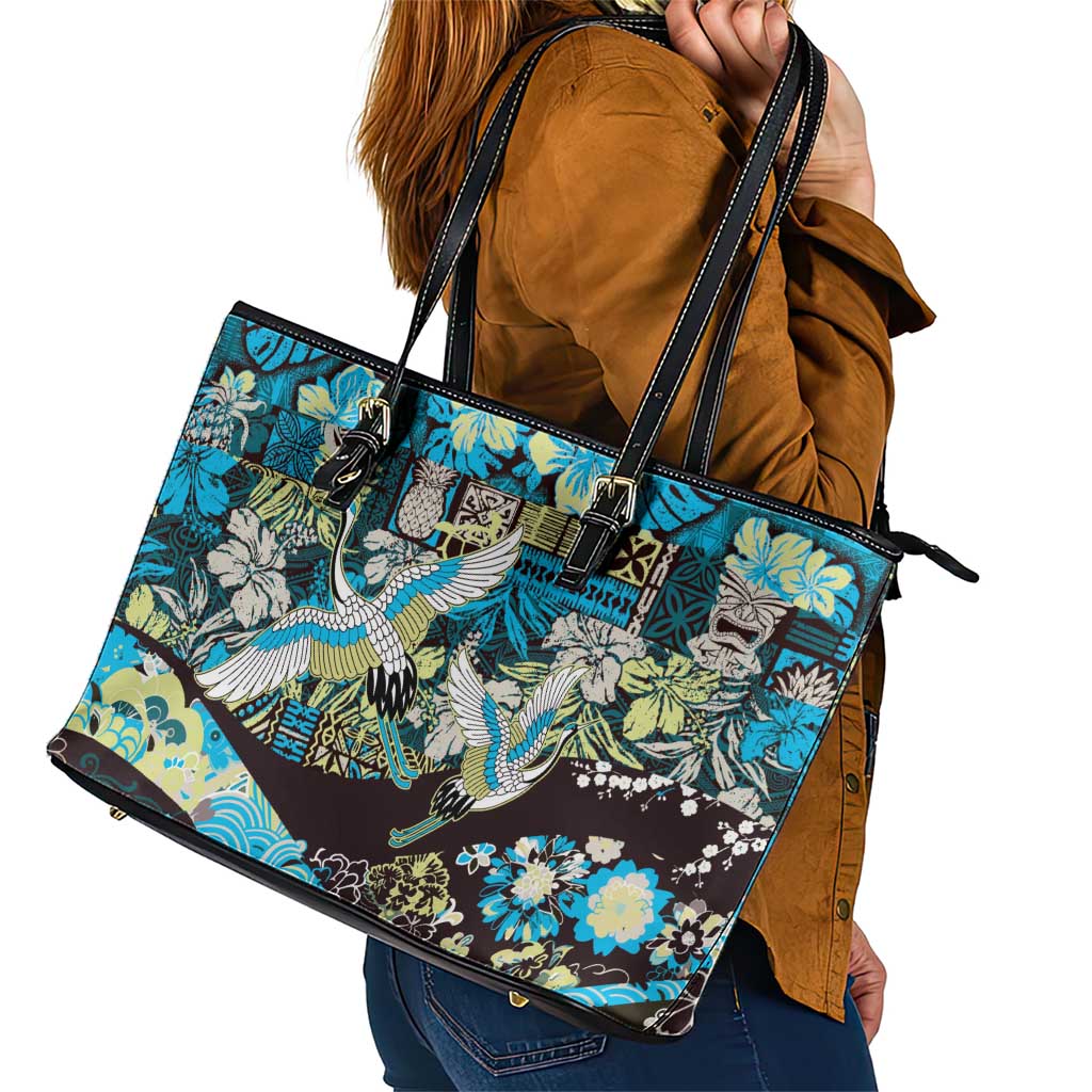 Japanese Hawaiian Crane Leather Tote Bag Blue Tapa Patchwork Pattern LT9 - Polynesian Pride