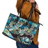 Japanese Hawaiian Crane Leather Tote Bag Blue Tapa Patchwork Pattern LT9 - Polynesian Pride