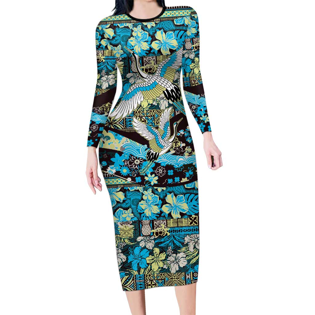 Japanese Hawaiian Crane Long Sleeve Bodycon Dress Blue Tapa Patchwork Pattern LT9 Long Dress Blue - Polynesian Pride