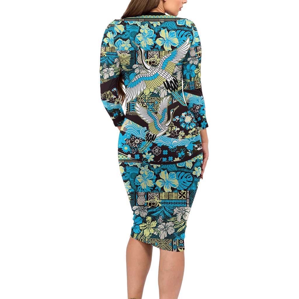 Japanese Hawaiian Crane Long Sleeve Bodycon Dress Blue Tapa Patchwork Pattern LT9 - Polynesian Pride