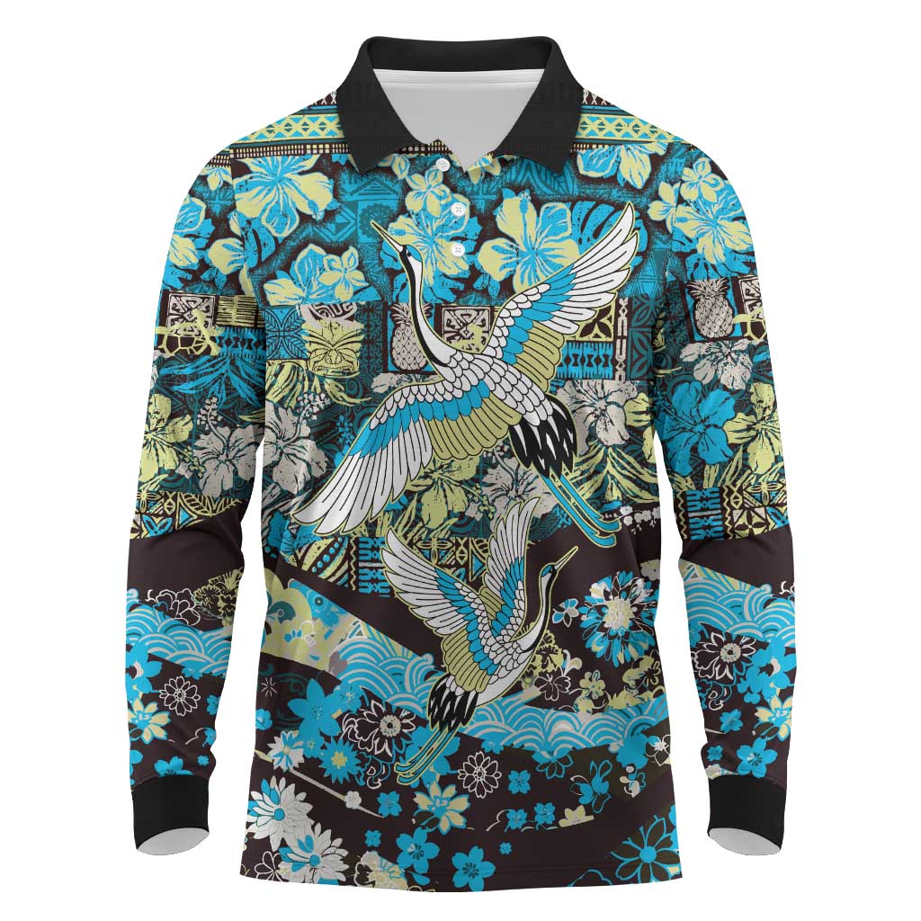 Japanese Hawaiian Crane Long Sleeve Polo Shirt Blue Tapa Patchwork Pattern LT9 Blue - Polynesian Pride