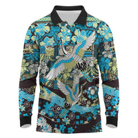 Japanese Hawaiian Crane Long Sleeve Polo Shirt Blue Tapa Patchwork Pattern LT9 Blue - Polynesian Pride