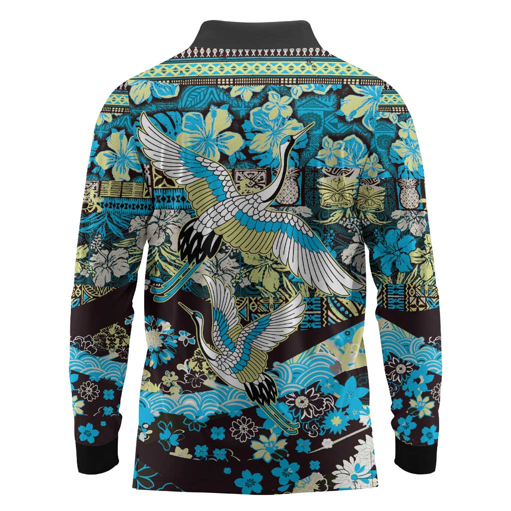 Japanese Hawaiian Crane Long Sleeve Polo Shirt Blue Tapa Patchwork Pattern LT9 - Polynesian Pride