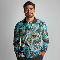 Japanese Hawaiian Crane Long Sleeve Polo Shirt Blue Tapa Patchwork Pattern LT9 - Polynesian Pride
