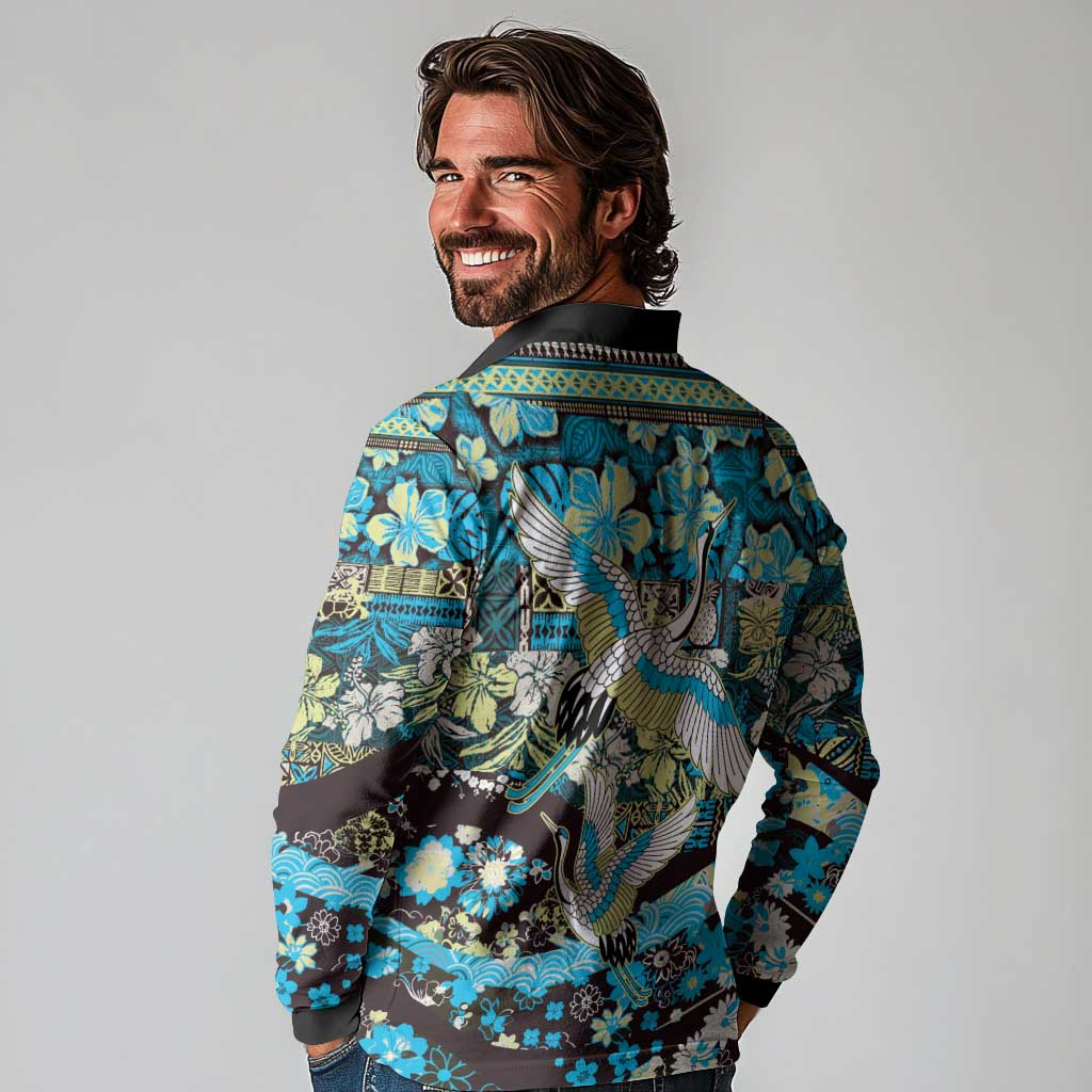 Japanese Hawaiian Crane Long Sleeve Polo Shirt Blue Tapa Patchwork Pattern LT9 - Polynesian Pride