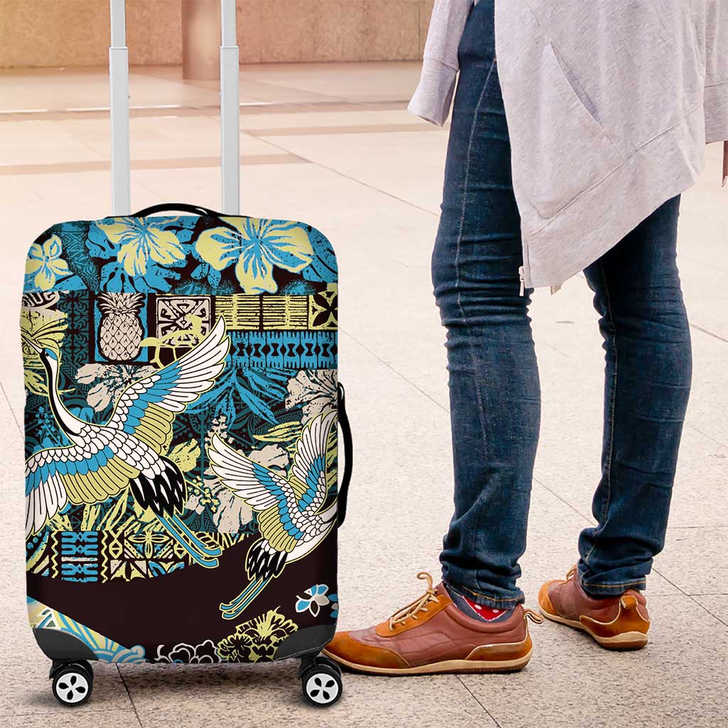 Japanese Hawaiian Crane Luggage Cover Blue Tapa Patchwork Pattern LT9 Blue - Polynesian Pride
