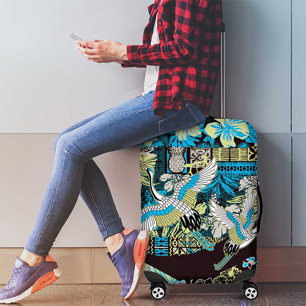 Japanese Hawaiian Crane Luggage Cover Blue Tapa Patchwork Pattern LT9 - Polynesian Pride