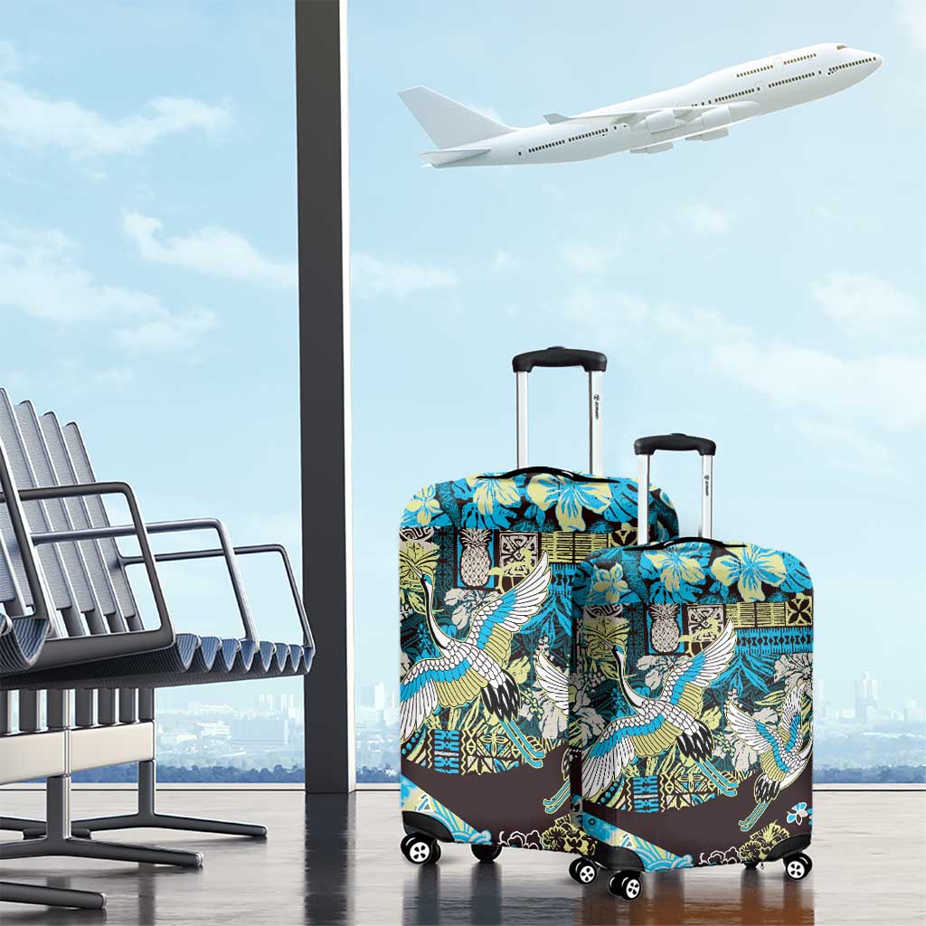 Japanese Hawaiian Crane Luggage Cover Blue Tapa Patchwork Pattern LT9 - Polynesian Pride