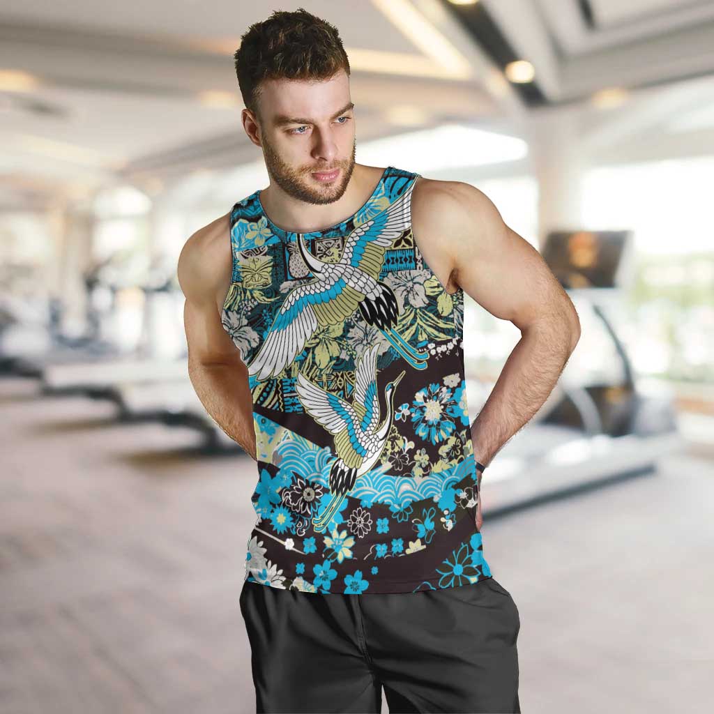 Japanese Hawaiian Crane Men Tank Top Blue Tapa Patchwork Pattern LT9 Blue - Polynesian Pride