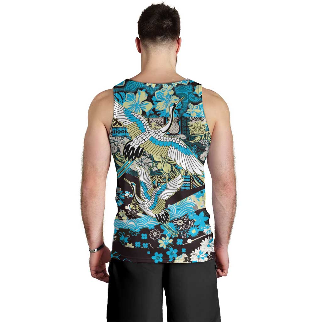 Japanese Hawaiian Crane Men Tank Top Blue Tapa Patchwork Pattern LT9 - Polynesian Pride