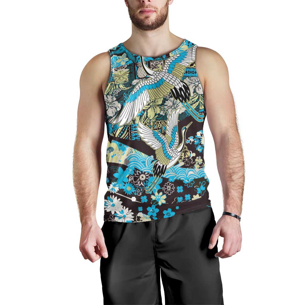 Japanese Hawaiian Crane Men Tank Top Blue Tapa Patchwork Pattern LT9 - Polynesian Pride